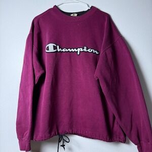 Vtg 90s Champion Pullover Sweatshirt Embroidered Logo Drawstring Hem Maroon Sz L